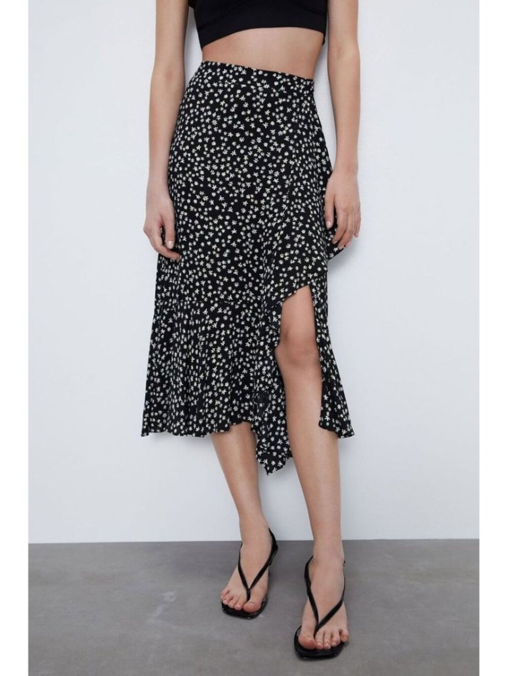 Zara Black Daisy Floral Asymmetrical Midi Skirt XS
